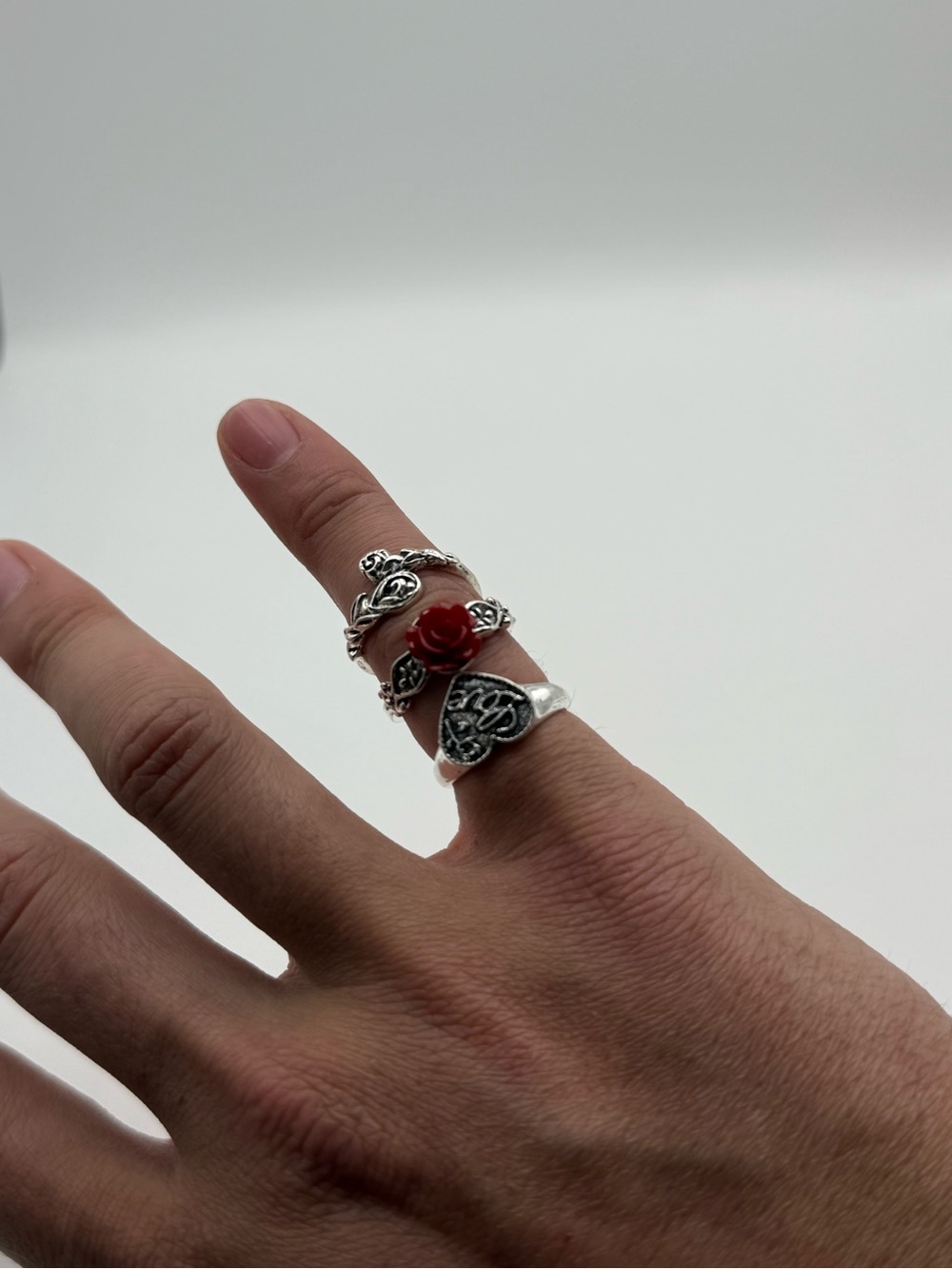 Gothic 3 Ring Set Spider Spiderweb Red Teardrop Silver Tone Punk Jewelry